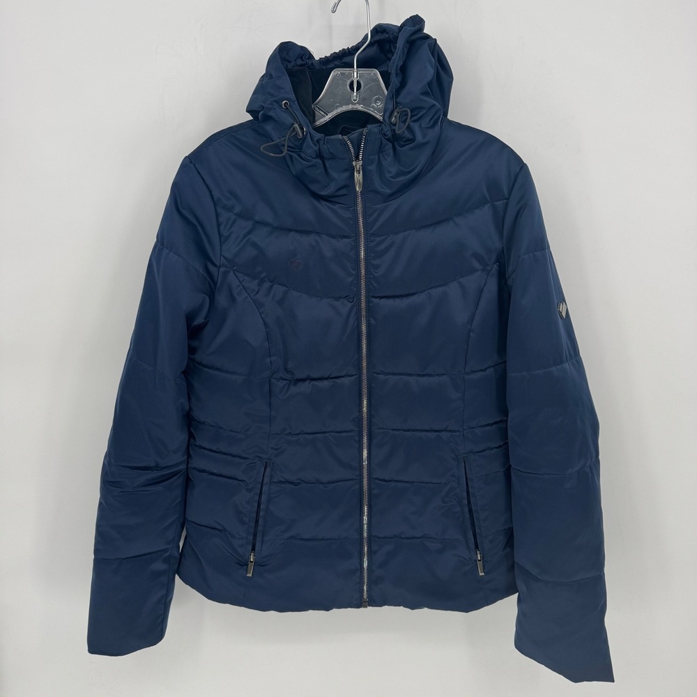 Obermeyer Womens Puffer Jacket Full Zip ski winter snow Hooded Navy Blue Size 10